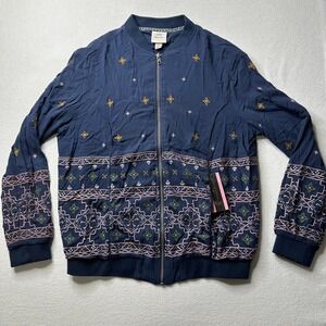 Knox Rose Womens Vintage‎ Embroidered Bomber Jacket Blue Boho Aztec Size M